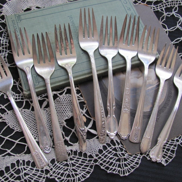 Silverware - Lot of 10 Silver Plate Salad Dessert Forks - Assorted Patterns