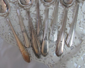 Teaspoons Lot of 8 Assorted Mixed Pattern Silver Plate Fancy Ornate 6" Inch // Vintage Antique SIlverware Flatware
