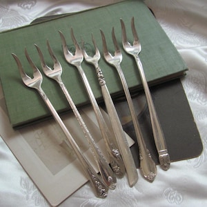 Assorted Lot 6 Silver Plate 2 Prong Lemon Crab Seafood Shellfish Cocktail Oyster Pickle Olive Forks // Antique Silverware Flatware Cutlery