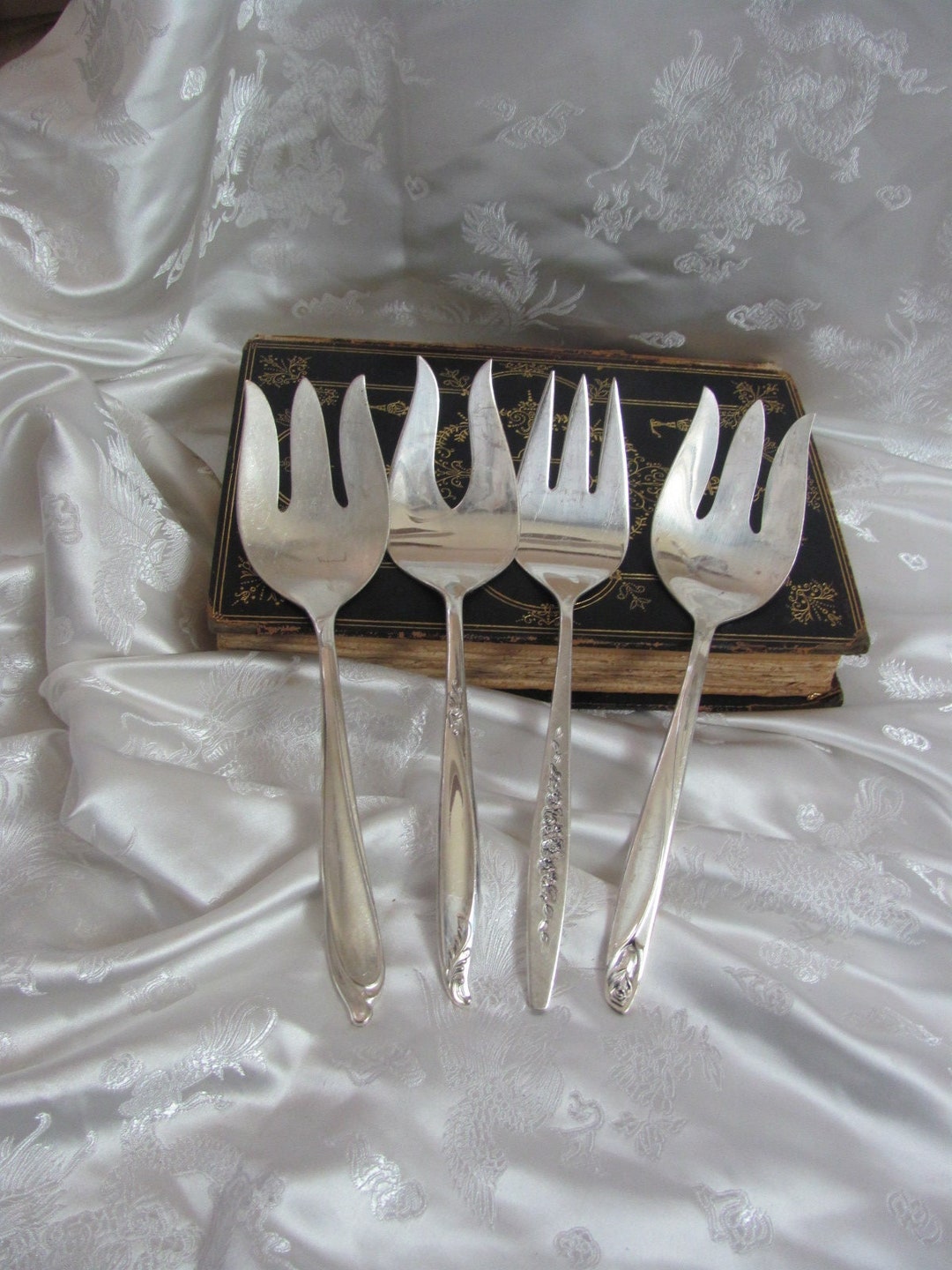 Silver Plate Large Serving Forks Lot of 4 Assorted Patterns Silverware