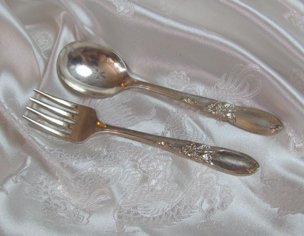 Baby Silverware Set - Silver Plate Small Baby Fork Spoon - White Orchid Pattern Community // Vintage Antique Silver Plate Flatware