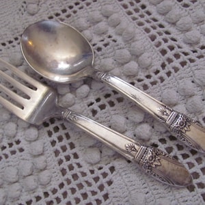 Silver Plate Small Baby Infant Fork Spoon Set - First Love Pattern 1937 // Vintage Antique Flatware Silverware Cutlery // More in my shop