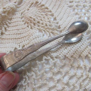 Antique Silver Plate Small Sugar Tongs - 4.5&quot; Inches  // Vintage Flatware Silverware Ornate Fancy Rare Kings Pattern