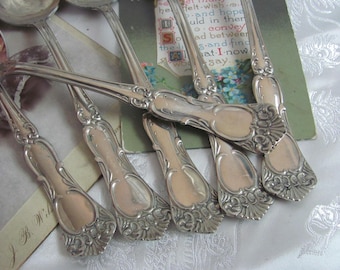 May include: A set of six silver spoons with ornate handles. The spoons have a polished finish and are arranged in a row.