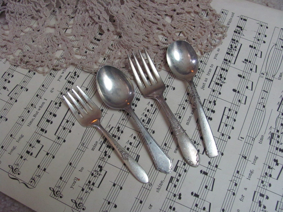 Baby Silverware Set of 4 Mismatched Silver Plate Small Baby Infant Forks &  Spoons Assorted Patterns Many Others to Choose From 