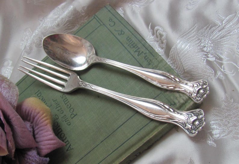 May include: A silver fork and spoon set with ornate handles. The utensils are lying on a green book with the text "Autonomy and the Art of Self-Control Poems" visible.