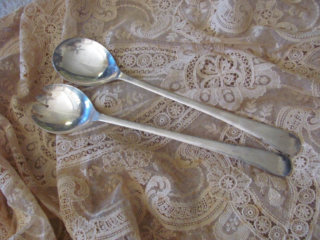 Salad Set Large Silver Plate Salad Set Serving Spoon Fork Etsy