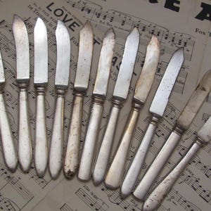 Puede incluir: Un juego de 10 cuchillos de mantequilla de plata con un aspecto vintage. Los cuchillos están dispuestos en forma de abanico sobre una hoja de música con las palabras "LOVE" y "Fox Trot" visibles.