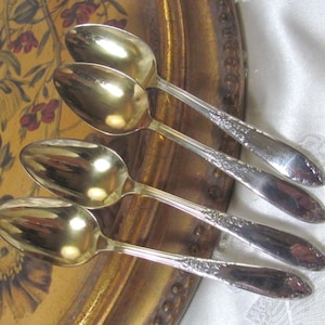 May include: Four silver spoons with ornate handles and reflective, gold-toned bowls are arranged on a decorative tray. The spoons are angled towards the upper right, showcasing their polished surfaces and intricate detailing.