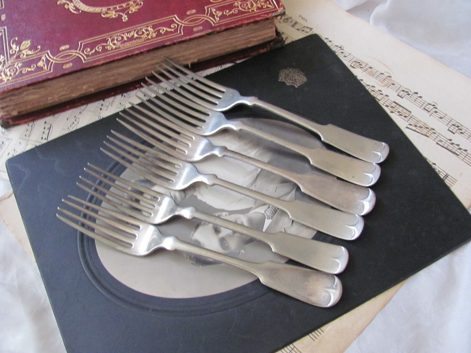 アンティーク銀食器　フォークセット 銀食器 - アンティークシルバーニッケルディナーフォーク7本アソート