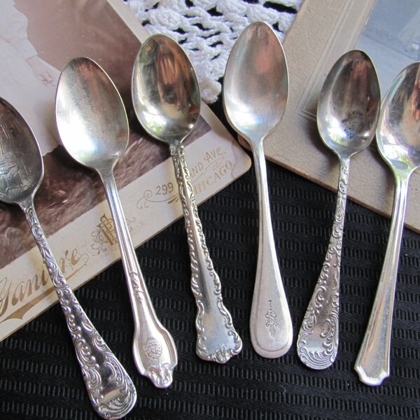 Antique Lot of 6 Small Silver Plate Baby Demitasse Spoons Assorted Patterns 4"