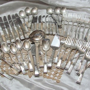 Sterling Classic Rose Pattern // 54 Piece Set for 8 - Sterling Silver Dinner Forks Knives Spoons Serving - Reed Barton Silverware Flatware