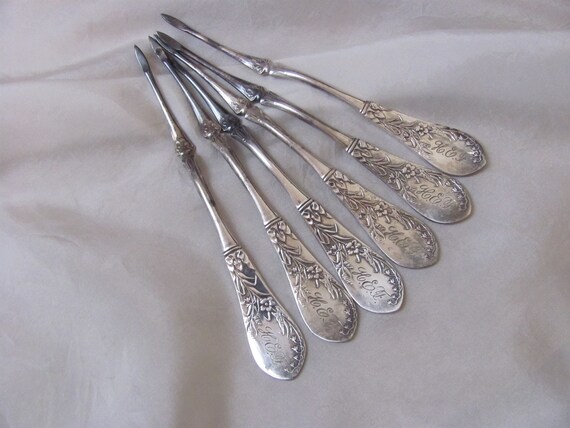 Set of 6 Antique Silver Plate Nut Picks Seafood Super Rare - Wm