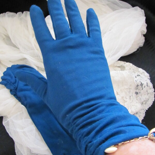 Vintage Blue Nylon Ladies Gathered Stretch Wrist Gloves 11" Inch Long