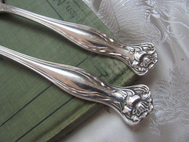 May include: Two silver-plated serving spoons with ornate floral designs on the handles. The spoons are lying on a green book.