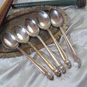 May include: A set of five silver-toned metal spoons with smooth, rounded bowls and handles featuring a decorative floral motif at the base. The spoons are arranged in a fan-like pattern, showcasing their polished, reflective surfaces and detailed metalwork.