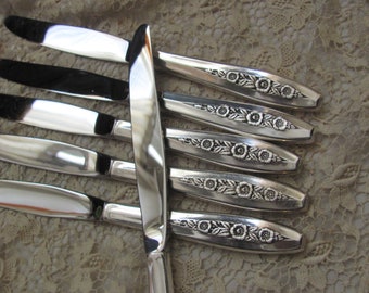 Primrose Knives - Set of 6 Silver Plate Hollow Handle Dinner Knives - Primrose Pattern 1952