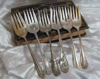 Assorted Large Serving Forks Lot of 6 Mixed Pattern Silver Plate Craft Tarnished Worn // SIlverware Flatware Cutlery