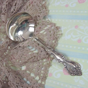 Può includere: Un mestolo d'argento con un manico ornato poggia su un centrino di pizzo malva. La conca del mestolo riflette l'ambiente circostante. Lo sfondo presenta un motivo floreale verde chiaro e blu.