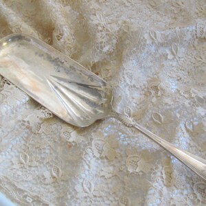 May include: A silver serving spoon with a decorative handle and a wide, fan-shaped scoop. The spoon is lying on a white lace tablecloth.
