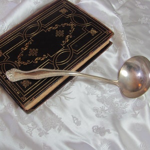 May include: A silver ladle with a long handle resting on top of a closed, antique book with gold lettering and ornate designs. The book is lying on a white fabric surface with a floral pattern.