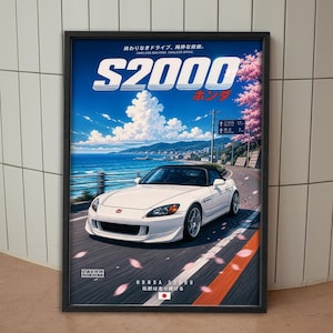 May include: A framed poster featuring a white Honda S2000 convertible driving on a coastal road with cherry blossoms. The text reads S2000, Honda, VTEC, and Japanese characters. The scene includes a blue ocean, a large cloud, and a road sign.