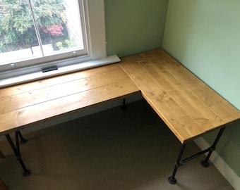 L Shape  Desk: Rustic Pine Timber with Industrial Tube Legs