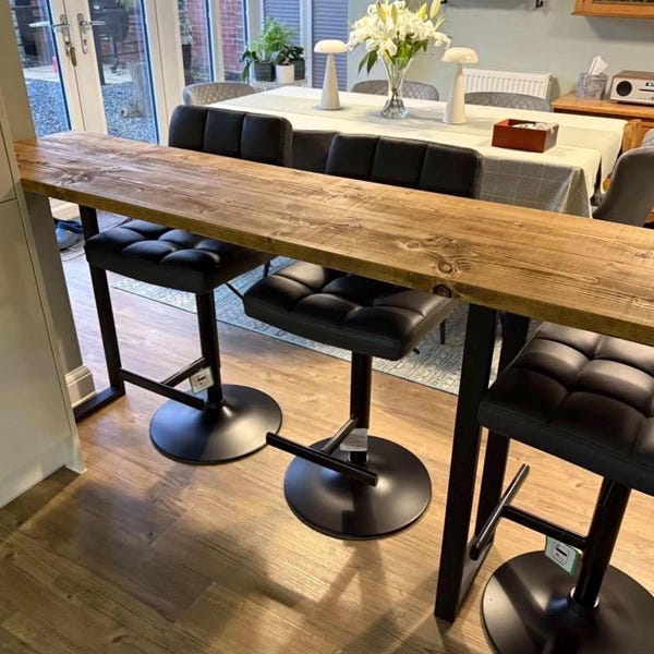 Breakfast Bar Table:  Rustic Solid Timber Top, Depth 44cm Black or Clear Metal Legs (U or H) All Made To Order