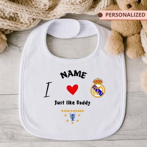 Personalized Baby Bib Real Madrid – Custom Name – 15 Champions League Titles – Little Madridista Like Daddy – Football Fan, Future Real Star