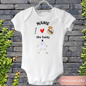 Baby Real Madrid Bodysuit, Custom Name Baby Outfit, 15 Champions League, Little Madridista Like Dad, Football Baby, Future Real Madrid Star
