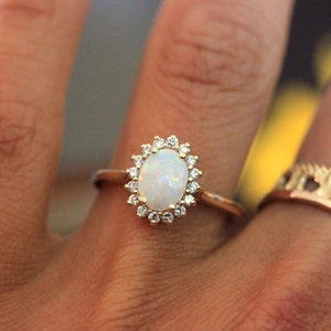 Opal engagement ring, vintage inspired diamond halo, yellow gold opal ring, October Birthstone