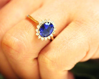 Blue Sapphire engagement ring, diamond halo ring, yellow gold sapphire ring, September Birthstone