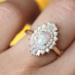 Opal Engagement Ring, Art Deco halo engagement ring, Double halo ring, Ethiopian opal  ring