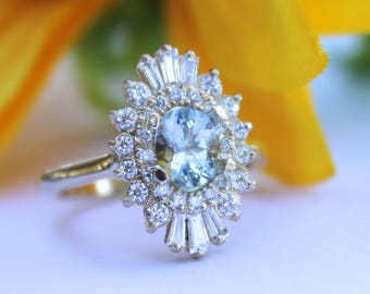 Art Deco halo engagement ring, Double halo ring, aquamarine ring, oval blue stone