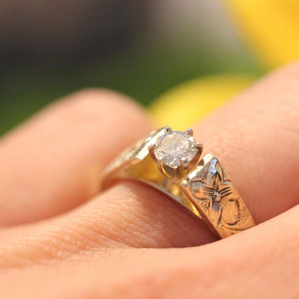 RESERVED Vintage Solitaire Engagement Ring, engraved flowers , OOAK, I only have ONE!!