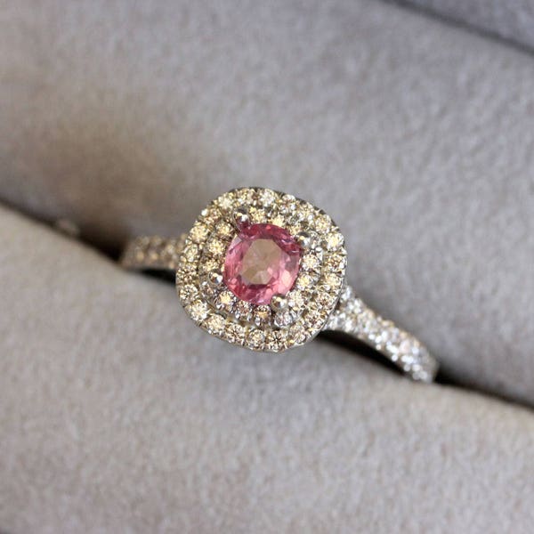 PEACH PINK PADPARADSCHA Sapphire white gold ring, double halo, engagement ring, diamond halo ring, peach sapphire