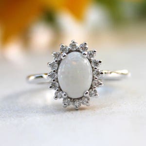 Opal engagement ring, vintage inspired diamond halo, white gold opal ring, October Birthstone image 1