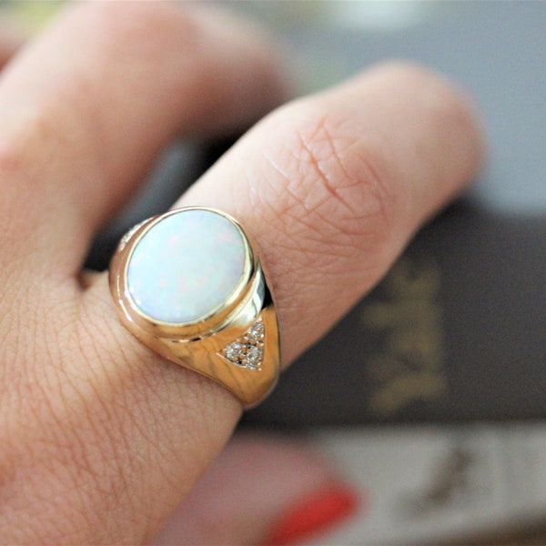 Opal Signet ring, statement ring, large opal, yellow gold and diamonds