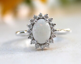 Opal engagement ring, vintage inspired diamond halo, white gold opal ring, October Birthstone