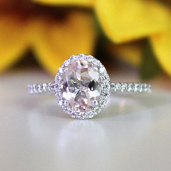 Morganite engagement ring, Pink Morganite ring, set in white gold, diamonds halo