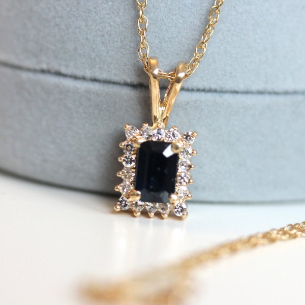 Blue sapphire necklace, diamond halo necklace, yellow gold vintage pendant, sold WITH chain