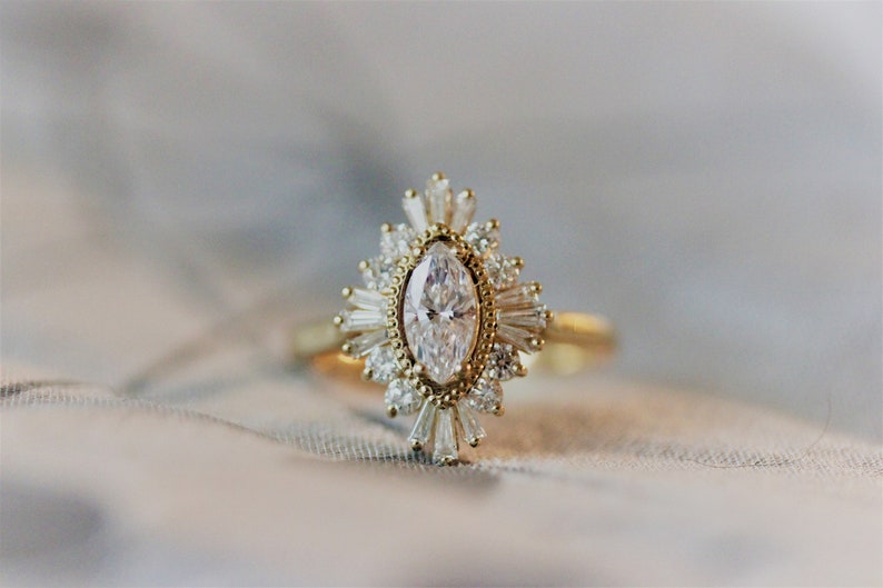 Moissanite Marquise Engagement Ring, Art Deco halo engagement ring, Double halo ring, milgrain detail, image 6