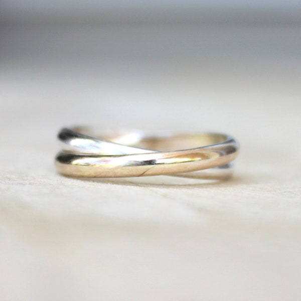 Double band trinity rings, gold and silver bands,  two tone rolling ring, russian wedding band