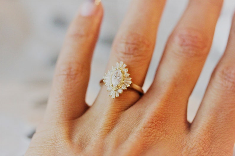 Moissanite Marquise Engagement Ring, Art Deco halo engagement ring, Double halo ring, milgrain detail, image 1