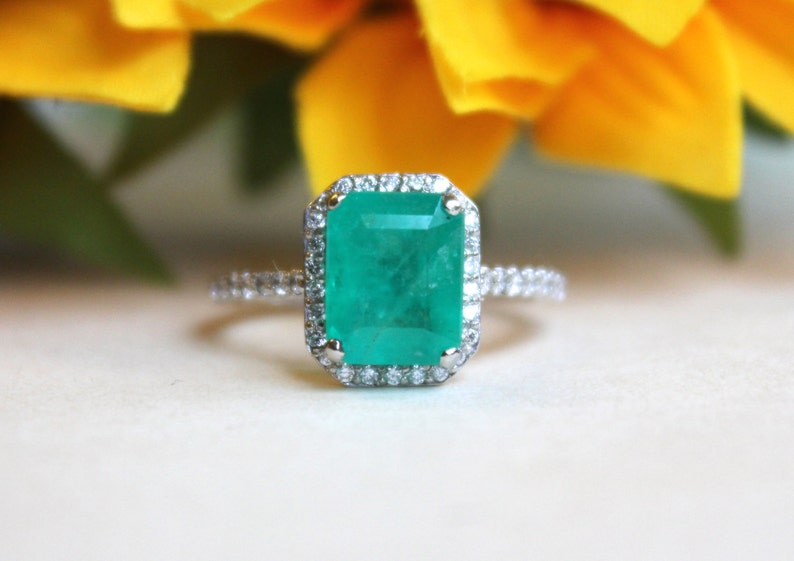 Emerald halo ring, diamond engagement ring, white gold halo ring, may birthstone image 3