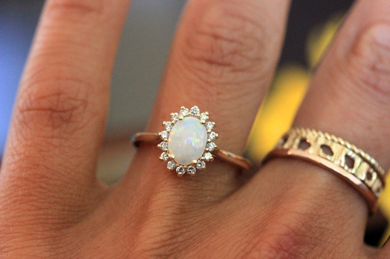 Opal engagement ring, vintage inspired diamond halo, yellow gold opal ring, October Birthstone 