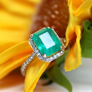 Emerald halo ring, diamond engagement ring, white gold halo ring, may birthstone image 1