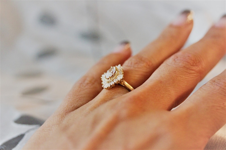 Moissanite Marquise Engagement Ring, Art Deco halo engagement ring, Double halo ring, milgrain detail, image 8