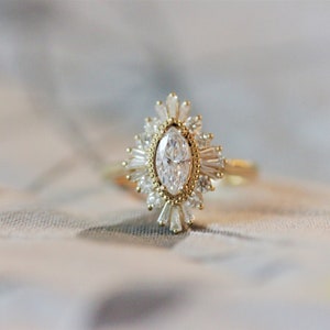 Moissanite Marquise Engagement Ring, Art Deco halo engagement ring, Double halo ring, milgrain detail, image 2