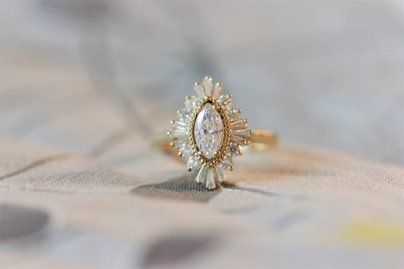 Moissanite Marquise Engagement Ring, Art Deco halo engagement ring, Double halo ring, milgrain detail, image 2